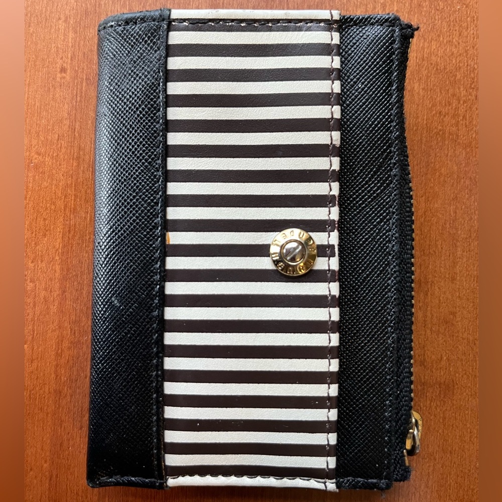 Henri Bendel Leather Card + Key Holder/Pouch/Pochette Black + White Stripes